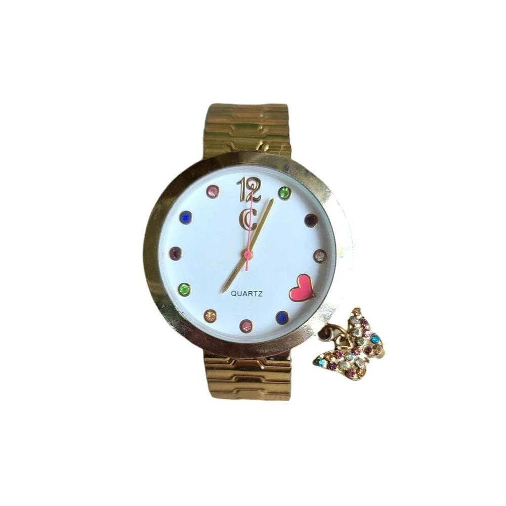 Charming Charlie Women's Gold Toned Stretch Band Analog Watch Butterfly WORKS